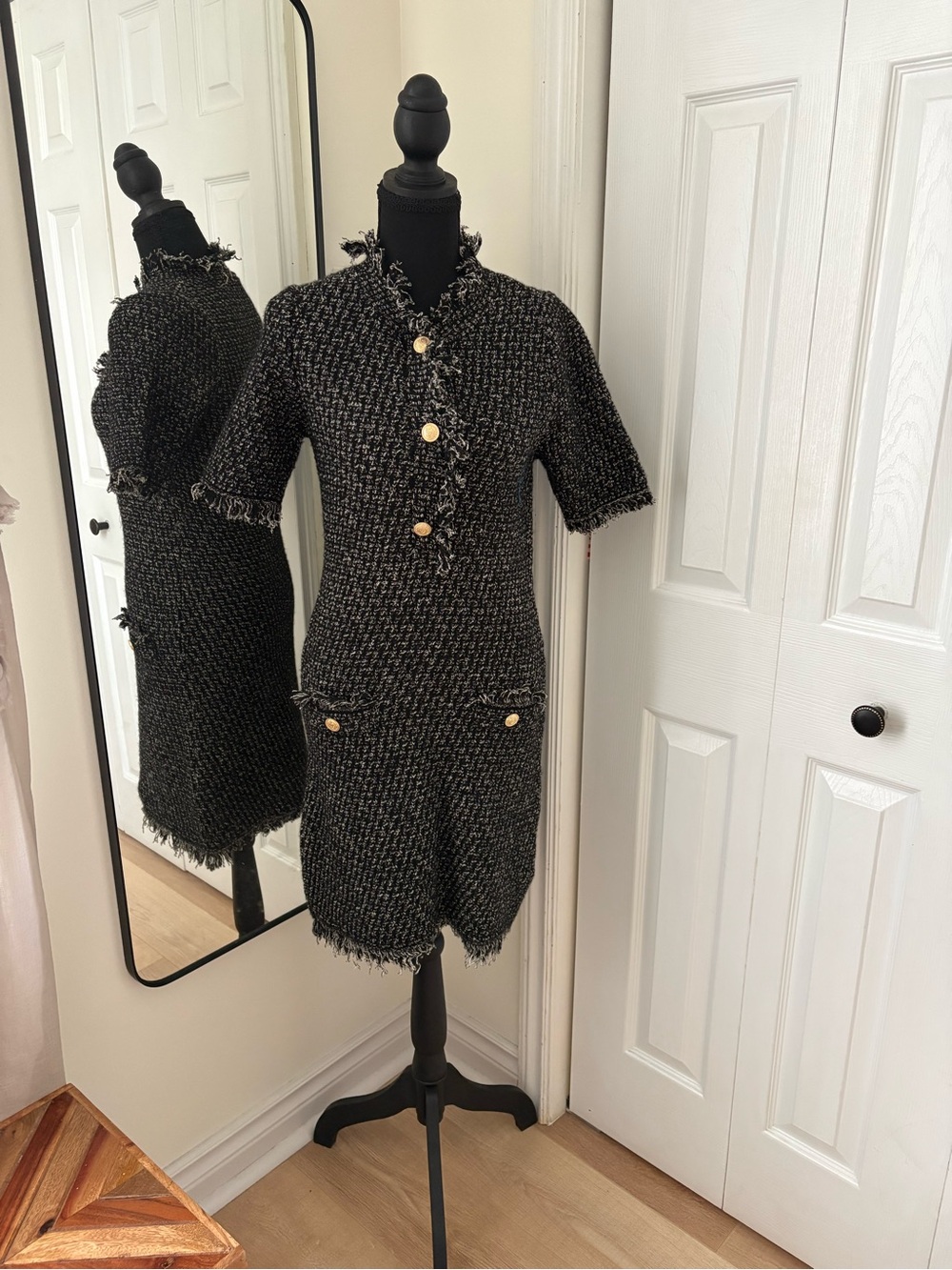 Divided Black Tweed Short-Sleeve Mini Dress with Gold Buttons